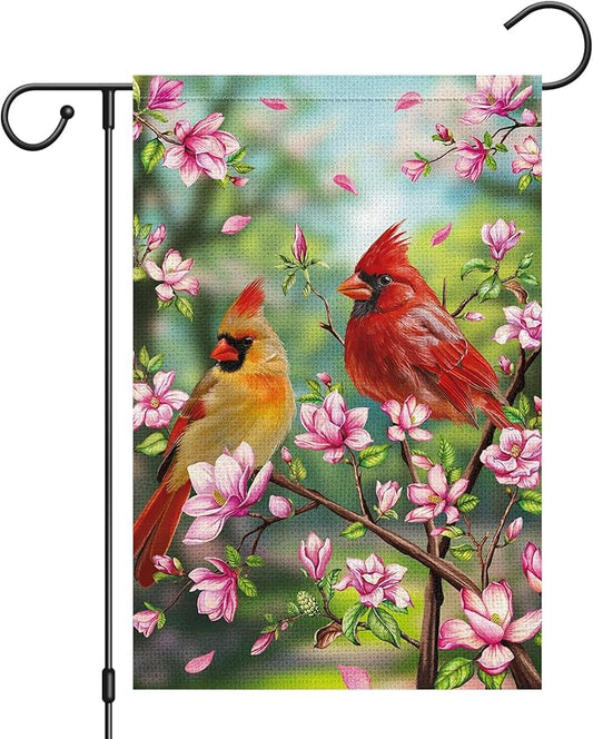 Heyfibro Spring Cardinal Garden Flag Spring Summer Magnolia Flower Garden Flags 12x18 Inch Double Sided Burlap Red Bird House Welcome Flag for Seasonal Farmhouse Yard Outdoor Decor(ONLY FLAG)