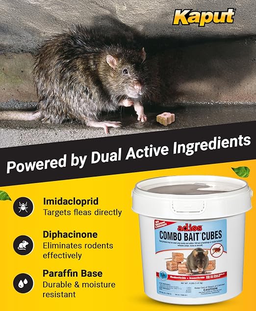 Kaput Adios Combo Bait Cubes – Dual-Action Rodenticide + Insecticide Rat Bait Blocks for Rats, Mice & Fleas, 4 lbs
