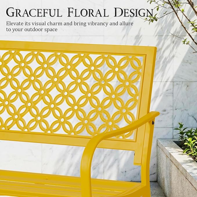 50" Outdoor Bench Weatherproof, 700 lbs Capacity Heavy Duty Garden Benches with Galvanized Metal Frame, Patio Bench with Floral Backrest, Patio Furniture for Porch, Park, Yard, Entryway, Yellow