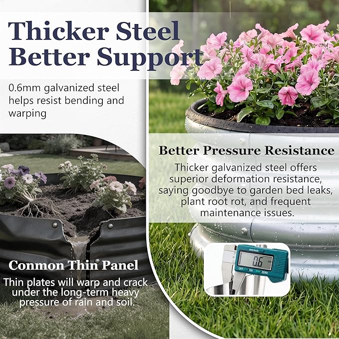 2 x 2 x 1 ft Round Raised Garden Bed, Silver 1 Pack 0.6 mm Thick Galvanized Steel Planter Box with Double Layer Paint and Safety Edge Trim for Vegetables Flowers Herbs Outdoor Garden
