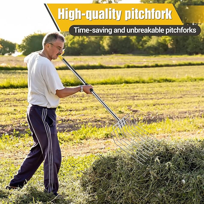 AugFir Pitchfork for Gardening, 50" Multifunctional Stainless Steel Garden Pitchfork with Handle, Suitable for Shoveling, Fertilizing, Transplanting, Mulching Garden Fork - 10 Tines