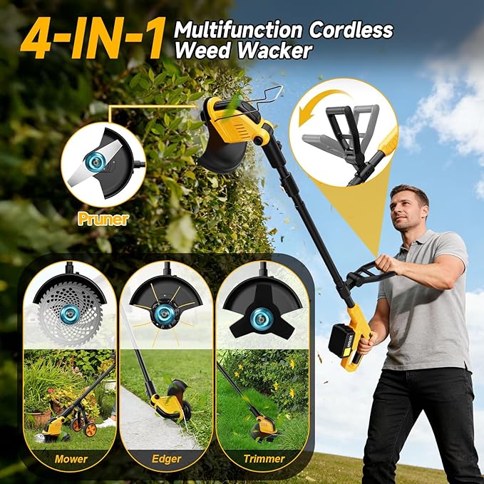 4-in-1 Electric Weed Wacker Cordless Edger Trimmer Brush Cutter, 20000RPM Weed Eater Battery Powered, Heavy Duty/Weed Trimmer/Lawn Mower W/Wheel Metal Blade, 2 Battery Garden