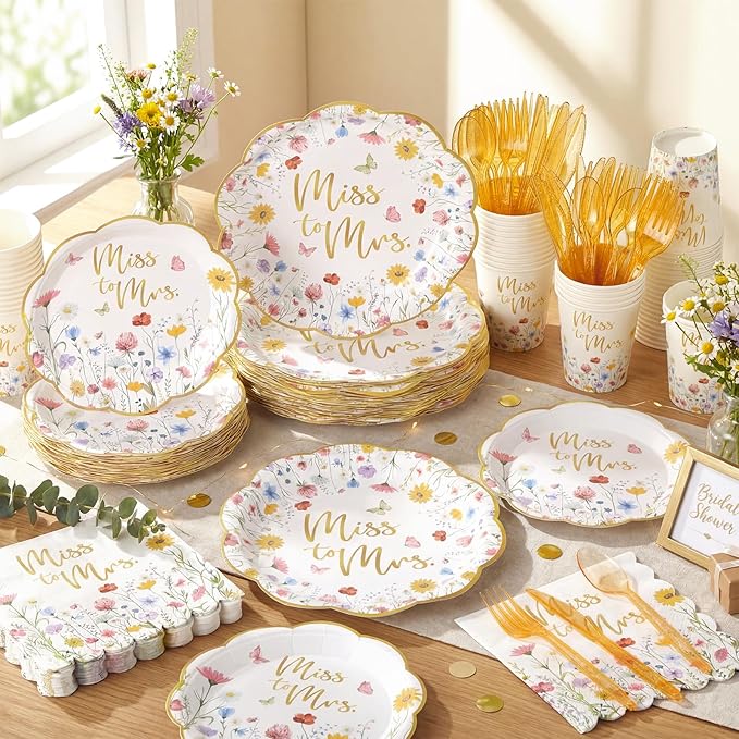 Funnymoom 400 Pcs Wildflower Bridal Shower Party Supplies for 50 Guests Floral Miss to Mrs Paper Plates and Napkins Knives Spoon Fork Cup Disposable Dinner for Women Wedding Engagement Party Favor
