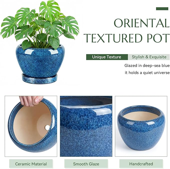 8.3 Inch Ceramic Planter with Saucer Leak-Proof Mesh &Drainage, Round Plant Pot with Gardening Gloves for Indoor Outdoor Plants (Sapphire Blue Glaze)