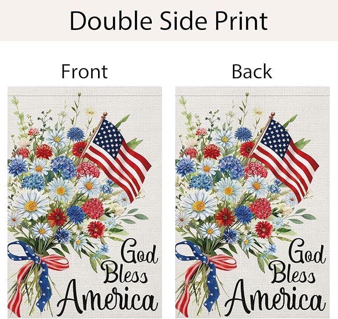 God Bless America 4th of July Garden Flag 12x18 Inch Double Sided Burlap Outside, Daisy Floral Patriotic Yard Flag for Independence Day Outdoor Decoration