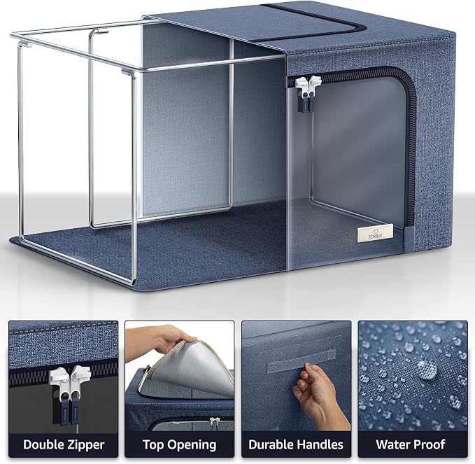 Sorbus Clothing Storage Bins with Clear Window, Metal Frame (6 Pack, Blue) | Oxford-fabric containers with carry handles stack neatly to organize bedding and linens in closets and laundry rooms.