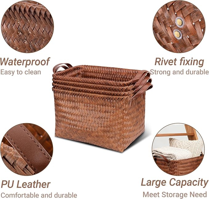 4-Pack Laundry Baskets,Wicker Storage Baskets for Shelves,Brown