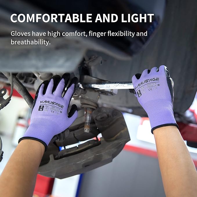 MANUSAGE Safety Work Gloves Nitrile For Men and Women, with Touchscreen Fingers, Men's Work Gloves with Grip, Mechanics Gloves (Size XXL, Purple, 12-pairs)