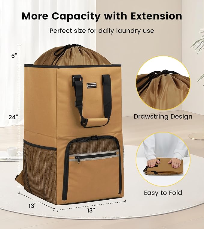 Vorspack Laundry Backpack with Shoulder Straps, Extra Large Hamper, Kahki | Heavy Duty 2 in 1 Laundry Basket, Structured Square Base, Portable Hamper for College Dorm Camp Laundromat Apartment Travel
