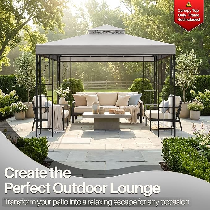 Flexzion Gazebo Cover Replacement Canopy Top 8x8 Ft (2.4m x 2.4m) - Double Tier Top Canopy Cover Replacement with UV30+, Dirt, Water Resistant for Outdoor, Sunshade, Garden, Patio, Pavilion (Gray)