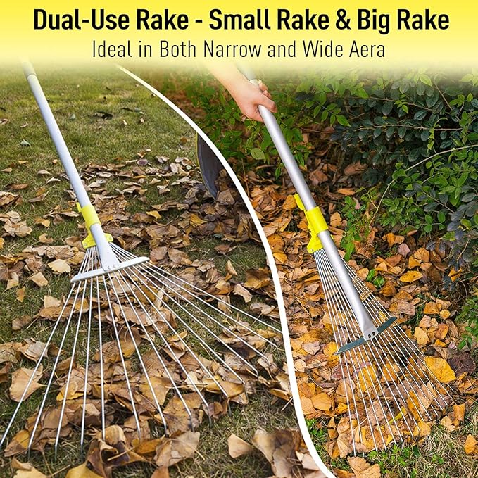 JARDINEER Adjustable Rakes for Leaves, Large Garden Leaf Rake for Lawns Grass with 7-23" Expandable Head, Yard Collapsible Rake for Camping (64 inches)