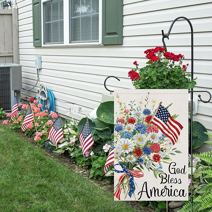 God Bless America 4th of July Garden Flag 12x18 Inch Double Sided Burlap Outside, Daisy Floral Patriotic Yard Flag for Independence Day Outdoor Decoration