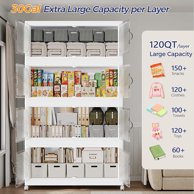 720QT Extra Large Stackable Storage Bins with Lid, 180Gal Plastic Closet Organizers and Storage Drawer, Collapsible Cabinet Box with Wheels Clear Doors for Home Kitchen Garage, 6Pack White