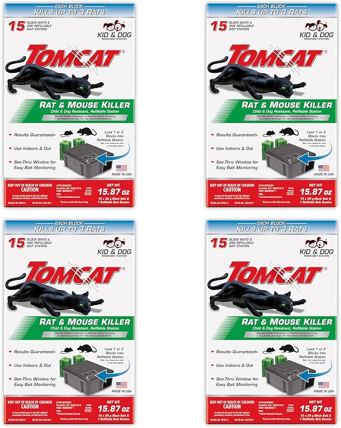 Tomcat Rat & Mouse Bait Station, 4 Packages Each with 1 Station & 15 Baits | Tomcat Rat & Mouse Killer, Child & Dog Resistant, Refillable Station - Indoor/Outdoor Use, Weather Resistant, Easy Monitoring
