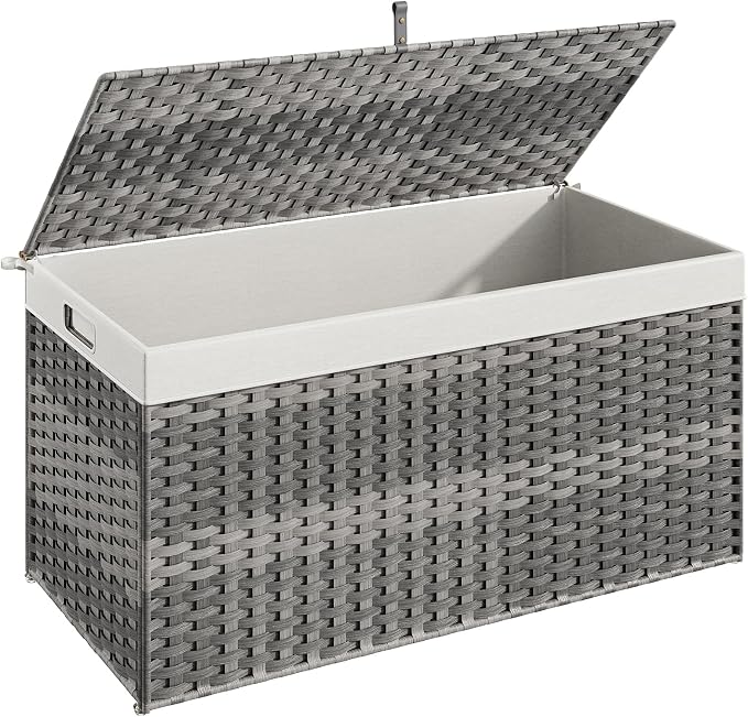 HOOBRO Storage Basket with Lid, 52.8 Gallon (200L) Wicker Basket, Handwoven Blanket Storage Basket with Handles, Metal Frame and Soft Lining, Foldable for Bedroom, Laundry Room, Gray GY220CW01