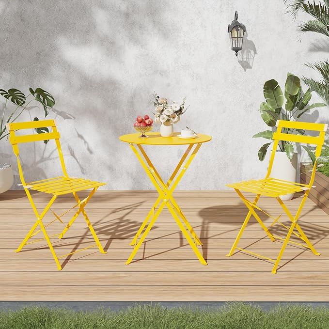 3-Piece Folding Bistro Set, 2 Chairs and 1 Coffee Table, Space Saving Weather-Resistant Frame, Portable Indoor/Outdoor Patio Furniture Conversation Set for Garden Porch Balcony Deck - Yellow