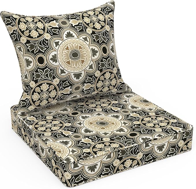 LVTXIII Outdoor Deep Seat Cushion Patio Seat and Back Cushion Set Seasonal Chair Cushion with Removable Cover and Adjustable Buckle for Home and Garden, 24"x24"x4", Vintage Medallion