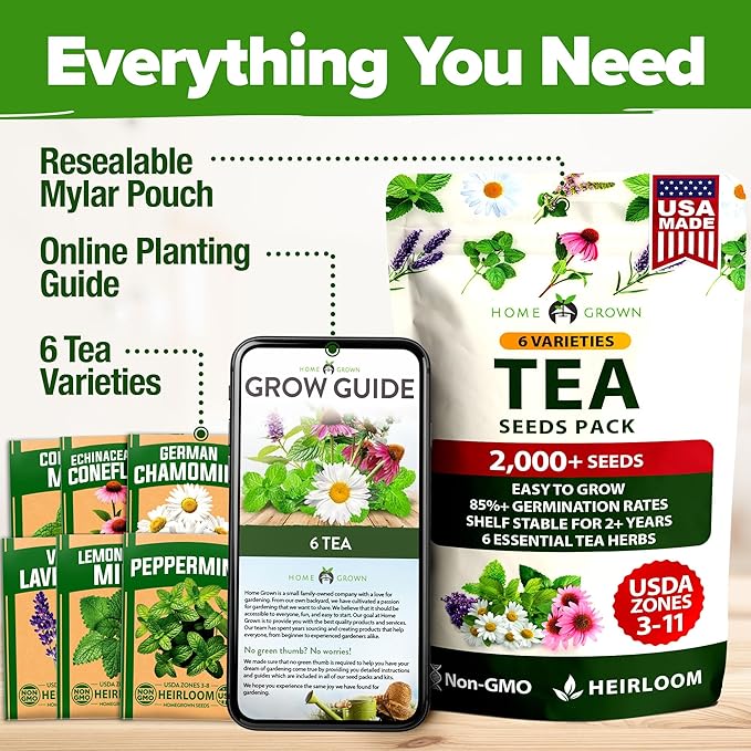 HOME GROWN Medicinal Herb Seeds Vault – 2,000+ Seeds, 6 Non GMO Heirloom Varieties for Indoor & Outdoor Garden – Lavender, Chamomile,Mint,Lemon Balm,Peppermint,Echinacea +Garden Markers