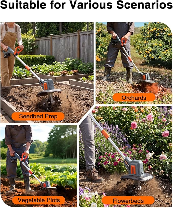 Cordless Tiller Cultivator for Gardening, 360 RPM Electric Garden Rototiller with 48 Steel Tines, 9 Inch Tilling Width & 7 Inch Depth, 21V Battery Powered Small Tiller for Soil/Cultivating/Lawn/Garden