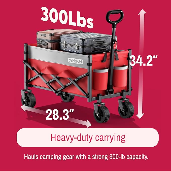 SYNCFUN Collapsible Wagon Cart Foldable 300lbs, Portable Rolling Shopping Carts on Wheels, All Terrain Folding Sport Beach Wagons for Sand, Heavy Duty Utility Cart for Groceries Fishing, Red