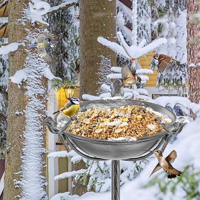 58In Freestanding Birdbaths Bowl Outdoor, Free Standing Garden Bird Bath Feeder Bowl with 3 Bird Statues, Birdbath & Birdfeeder with Metal Stake Garden Yard Lawn Decor (Retro Silver)