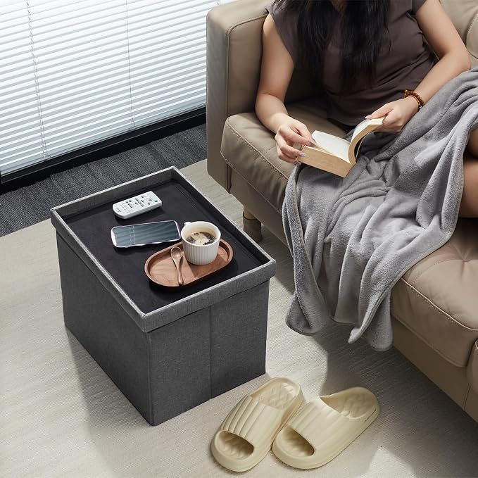 AmasSmile Ottoman with Storage,17" Folding Linen Foot Rest Chest,Grey