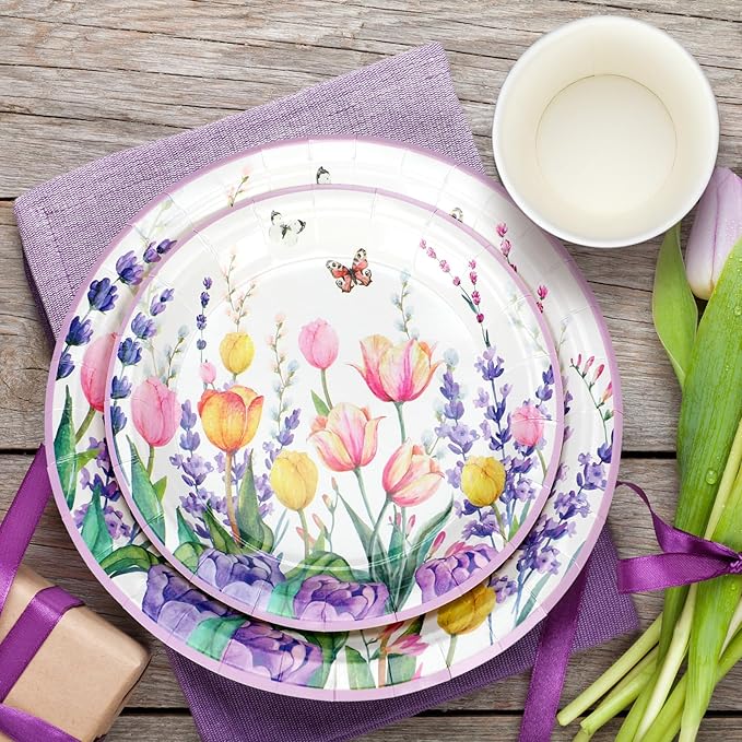 Mumufy 120 Pcs Spring Party Supplies Lavender Tulip Butterfly Floral Tableware Set Include 24 Disposable Paper Dinner Plates 24 Dessert Plate 24 Napkins 24 Cups 24 Forks for Spring Party Baby Shower
