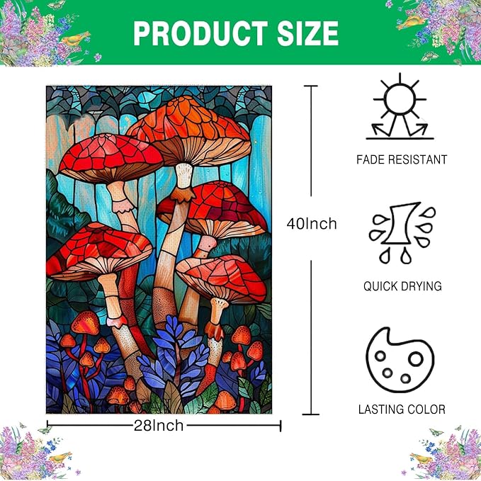 Stained Glass Mushroom Spring House Flag 28x40 Inch Double Sided, Large Burlap Garden Yard Flag for Seasonal Farmhouse Outside Outdoor Decor