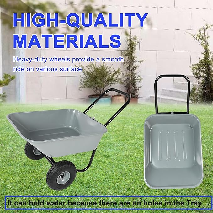 Dual Wheel Garden Wheelbarrow, 35L Heavy Duty Dual Wheel Yard Cart with 10" Pneumatic Tires, Leak-Proof No-Hole Design, Grey ABS+Steel Frame for Garden, Yard & Construction (Grey)