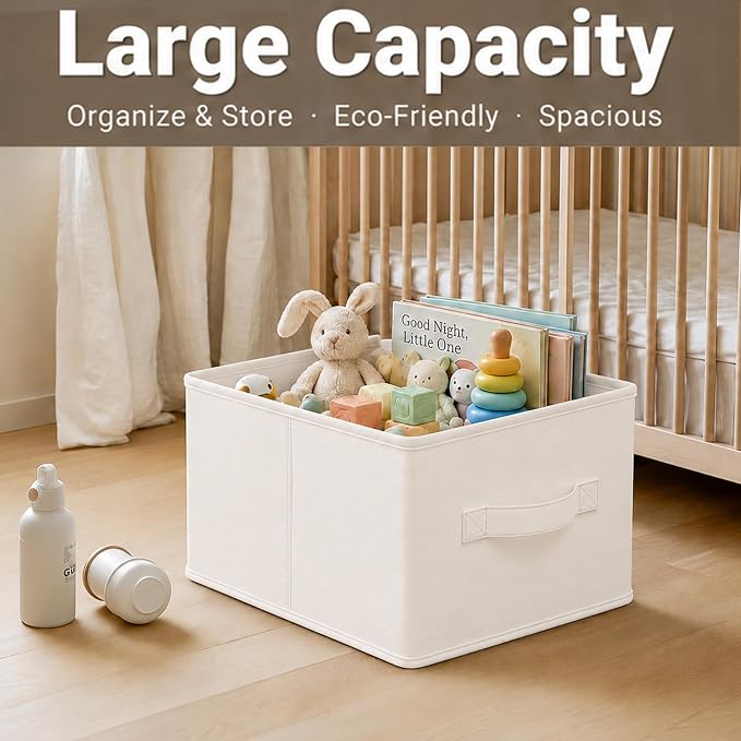 3-Pack Closet Storage Bins, Foldable Fabric Storage Baskets, Beige | Thickened Rigid PP Panels, Cotton-linen Shelf Baskets, Measure 14.75"L x 10.25"W x 8.25"H for Clothes, Closets and Drawers