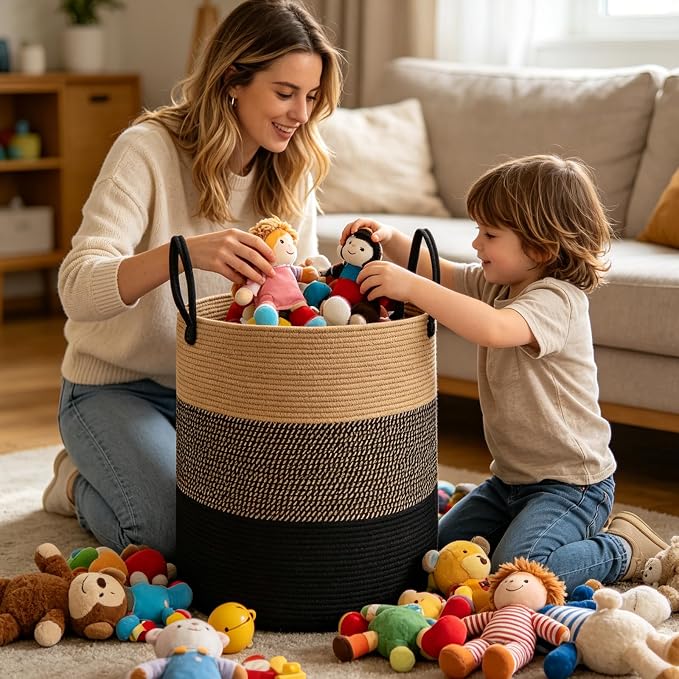 70L Woven Laundry Basket, Large Clothes Hamper with Handles- Jute