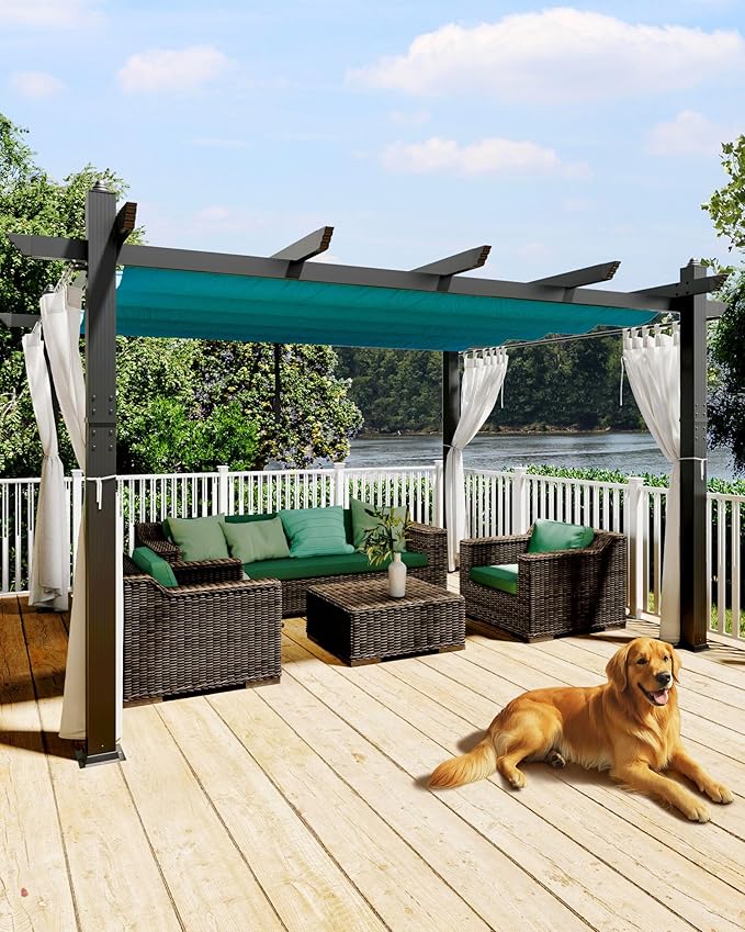 KYBOLT 10x13 Ft Outdoor Pergola with Retractable Canopy & Side Mesh Screen Patio Gazebo for Garden Backyard Deck Grape Trellis(Blue+White)