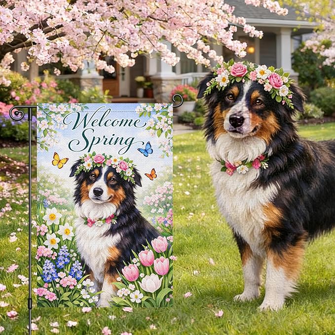 Heyfibro Welcome Spring Garden Flag 12x18 Inch Double Sided Australian Shepherd Dog Garden Flag Small Yard Flags for Outside House Farmhouse Seasonal Spring Outdoor Decorations