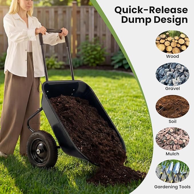 Goplus 2 Wheel Wheelbarrow, Dual Wheel Barrow with 14 inches Pneumatic Rubber Tires, 330 lbs Capacity Garden Yard Cart for Gardening Tool, Moving Soil, Wood, Gravel, Mulch