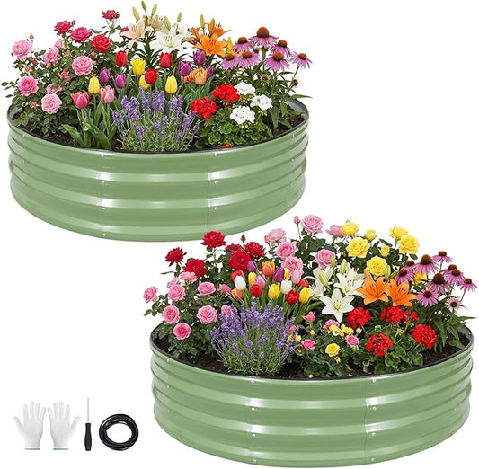 Galvanized Raised Garden Bed Outdoor 2Pcs | 4x4x1ft Metal Raised Beds for Gardening with Safety Rubber Strip | Round Planter Box for Plants Like Vegetables Fruits Flowers, Olive Green