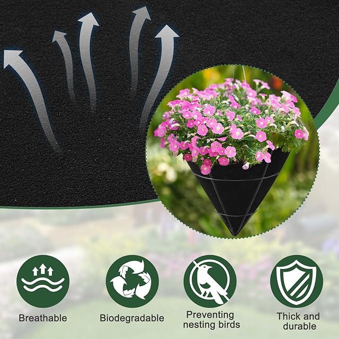 3PCS 14 Inch Cone Shaped Planter Basket Liners Fabric Hanging Plant Liners Non-Woven Planter Liners Black Felt Liners Replacement Inserts for Flower Hanging Baskets Outdoor Plants - Avoid Bird Nesting