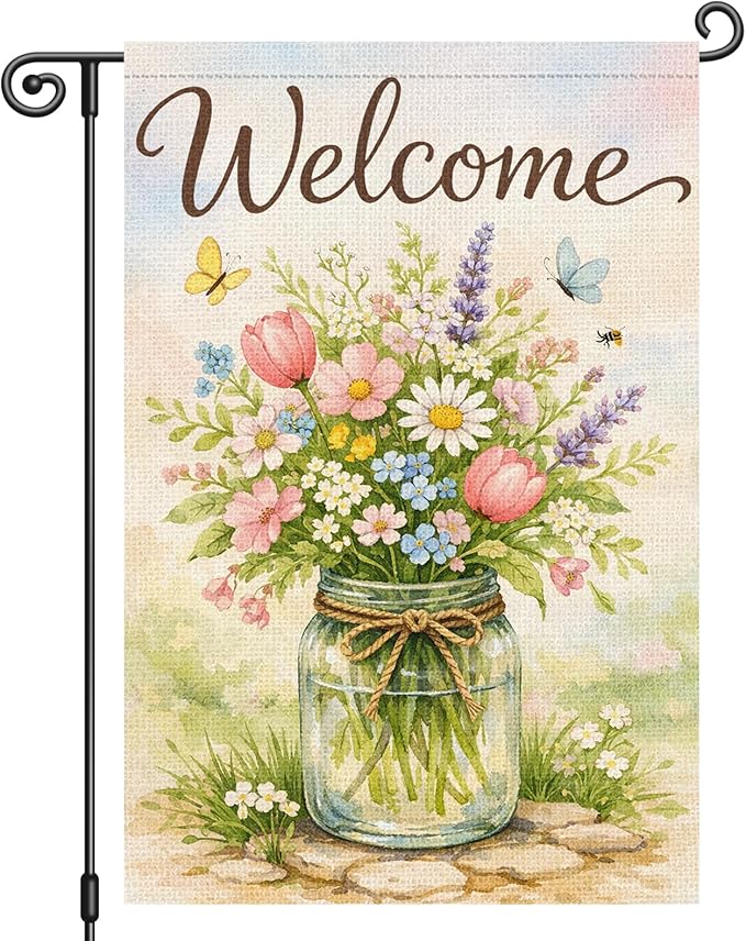 Heyfibro Welcome Spring Garden Flag 12x18 Inch Double Sided Butterfly Floral Garden Flag Small Farmhouse Flags for Outside House Yard Seasonal Spring Outdoor Decorations