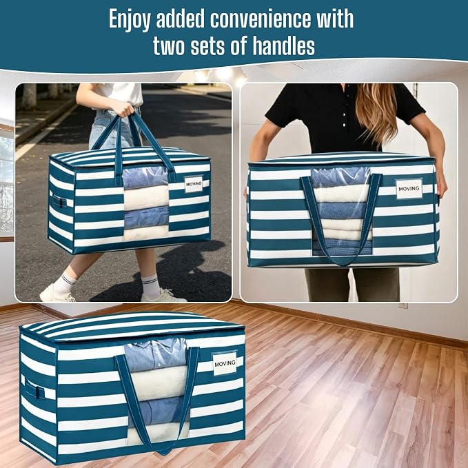 VENO Moving Bags, Wide Open Top, Clear Window, Classic Navy Stripe, 4 Pack
