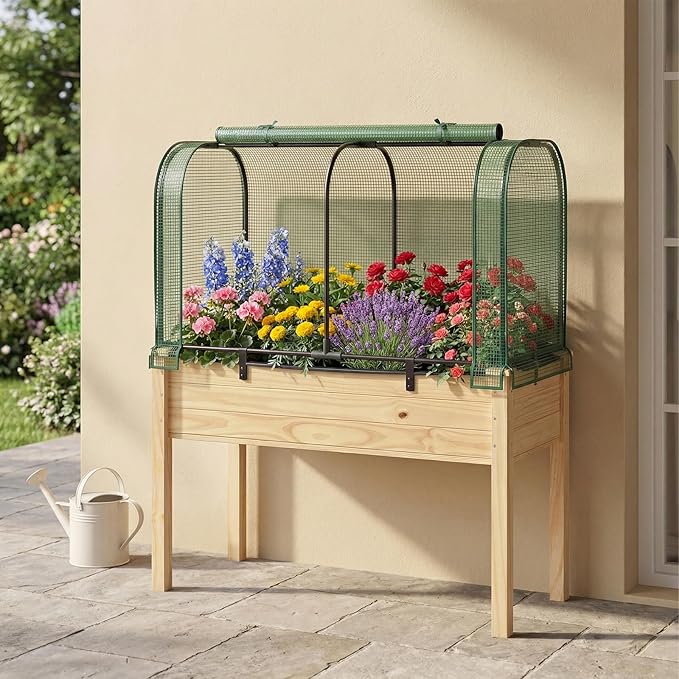 Giantex Raised Garden Bed with Cover, Wood Elevated Planter Box with Legs & Mini Greenhouse, Waterproof Sun-Protective PE Green House Cover, Outdoor Use for Fruit Vegetable Flower Herb (Green+Natural)