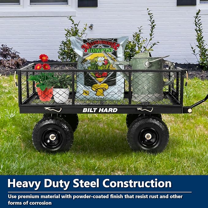 BILT HARD Heavy Duty 400 Lbs Capacity Mesh Steel Garden Cart, 4 Cu.Ft Heavy Duty Garden Cart with 180° Rotating Handle, Removable Sides, 10" All Terrain Wheels Capacity Utility Steel Wagons for Yard