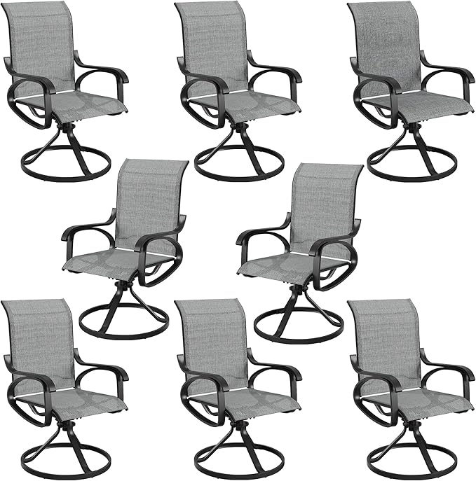 Patio Swivel Chairs Set of 8, All Weather Outdoor Rocking Chair with Textilene Breathable Back, Metal Frame, Patio Dining Chair for Backyard, Garde, Porch and Deck (8, Light Grey)