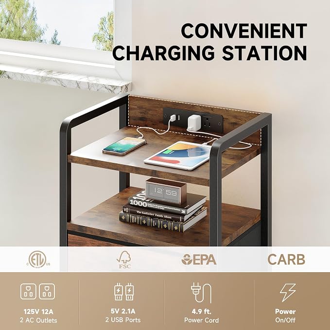 Lazzanto Nightstand with Rear Charging Station, LED Light, 2 Drawers, Brown