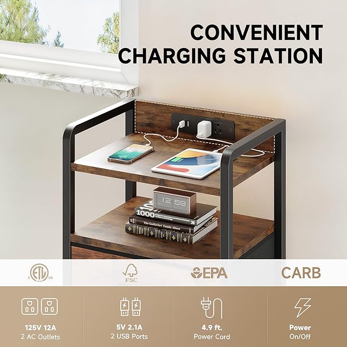 Lazzanto Nightstand with Rear Charging Station, LED Light, 3 Drawers, Brown