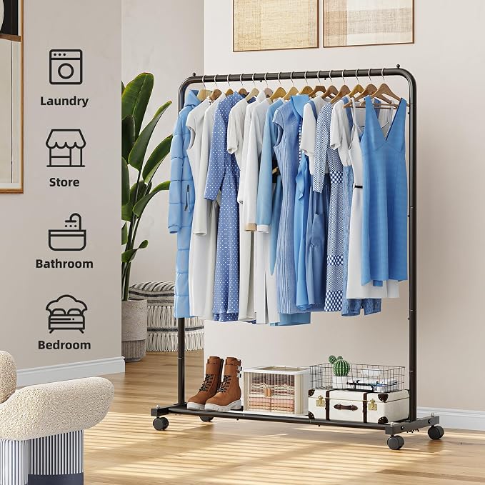 Simple Trending Clothing Rack for Hanging clothes, Portable Garment Rack with Bottom Shelf, Metal Clothes Rack on Wheels for Bedroom, Laundry Room, Black (Pack of 6)