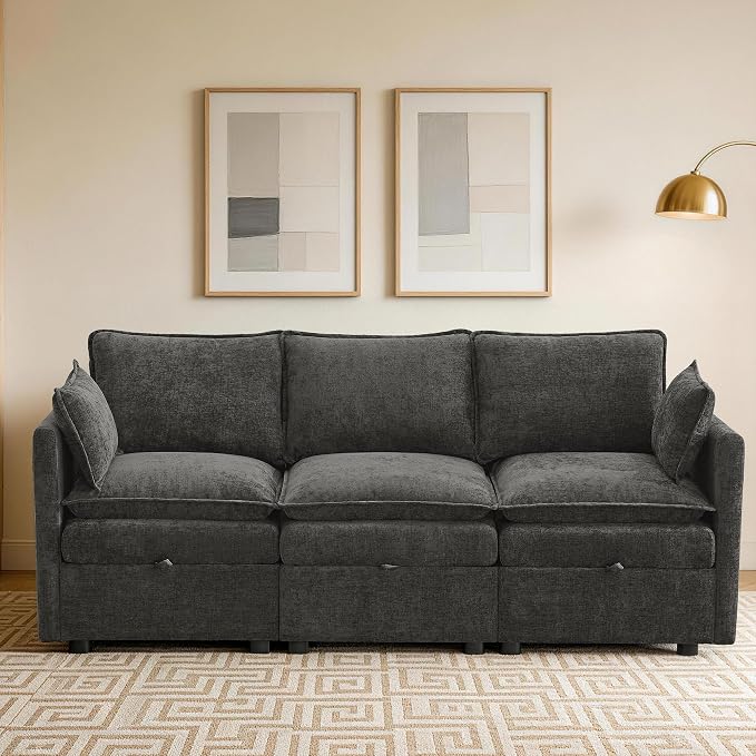 80" Storage Modular Sectional Couch, Cloud 3-Seat Sofa with Chenille, Comfy Modern Couch with Hidden Storage for Living Room, Apartment, Spacious, Dark Grey