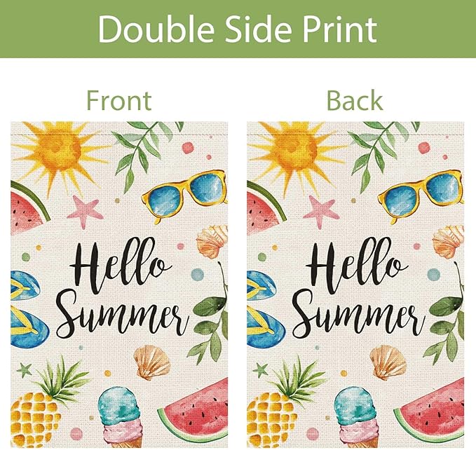 Hello Summer Garden Flag 12x18 Inch Double Sided Vertical, Small Burlap Colorful Sun Ice Cream Fruits Beach Sign Yard Outdoor Decoration