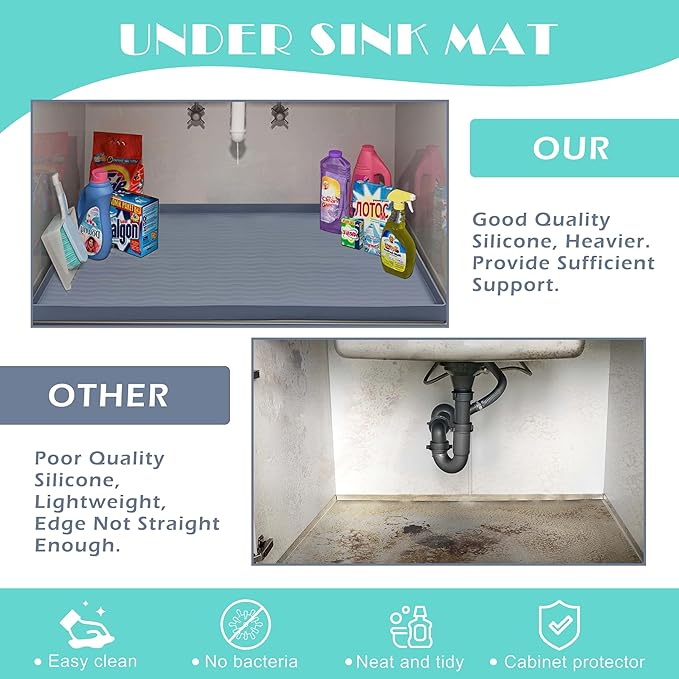 URMONA Waterproof Silicone Under Sink Mat 28'' x 19'' Shelf Liner for Kitchen and Bathroom, Cabinet and Counter Protector, Storage and Organizers, Litter Mat, Pet Cat Puppy Essentials(Green)