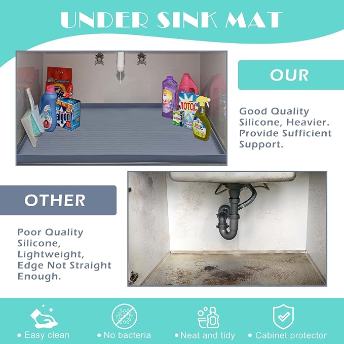 URMONA Waterproof Silicone Under Sink Mat 22'' x 22'' Shelf Liner for Kitchen and Bathroom, Cabinet and Counter Protector, Storage and Organizers, Litter Mat, Pet Cat Puppy Essentials(Khaki)