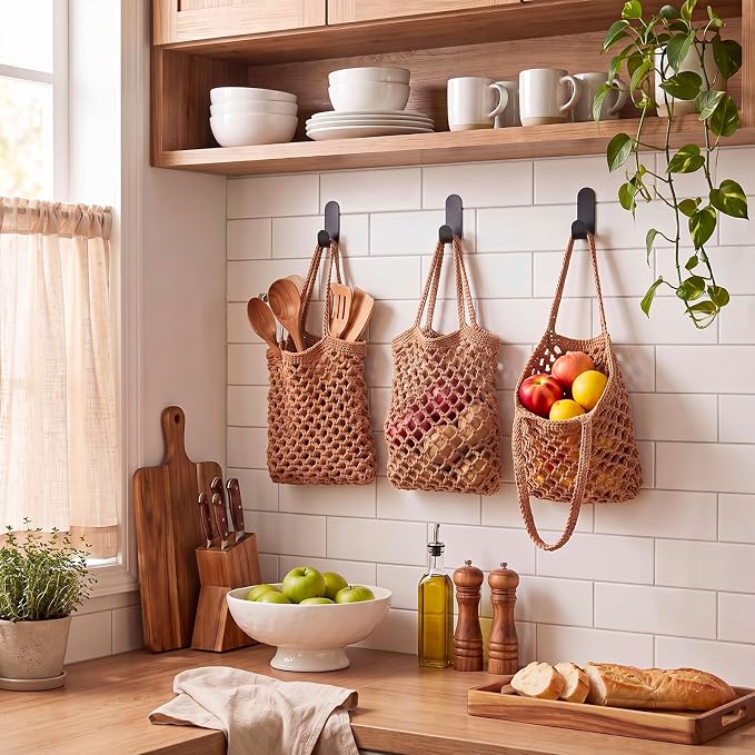 Honeydak 3 Hanging Baskets, Dark Brown, Mesh, Cotton Rope | Wicker Wall Baskets with Hooks for Fruit Vegetable Onion Storage, Teardrop Organizer for Kitchen, Boho Farmhouse Decor