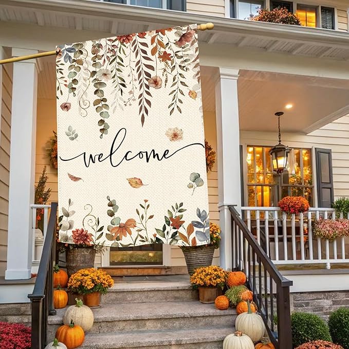 Fall Thanksgiving Eucalyptus Floral Welcome Garden Flag 28 x 40 Inch Double Sided, Autumn Flower Burlap Large Yard House Flag Farmhouse Seasonal Holiday Patio Outdoor Outside Decoration